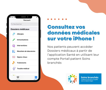 Image présentant l'intégration du Portail patient Soins branchés avec l'application Santé d'Apple