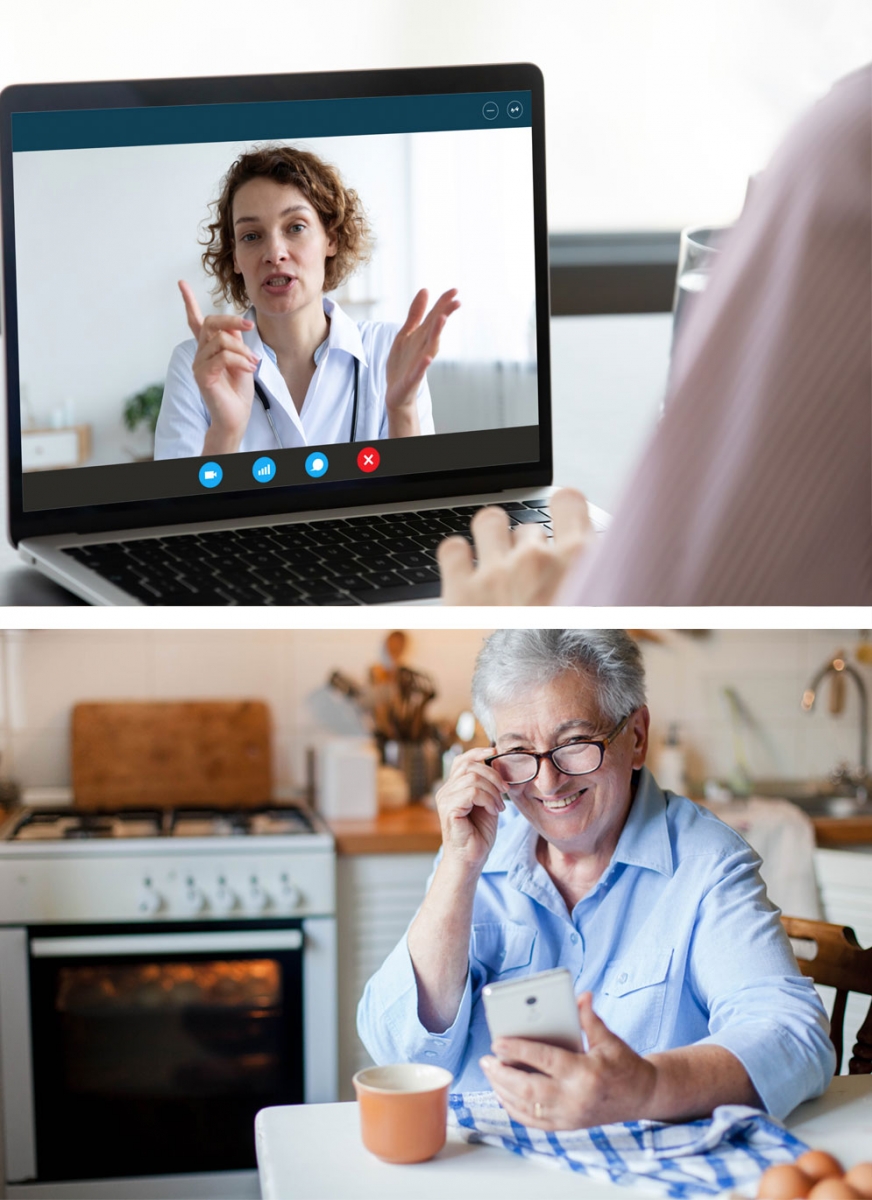 Vue d'un médecin sur iPad et vue d'une dame consultant son cellulaire dans sa cuisine.